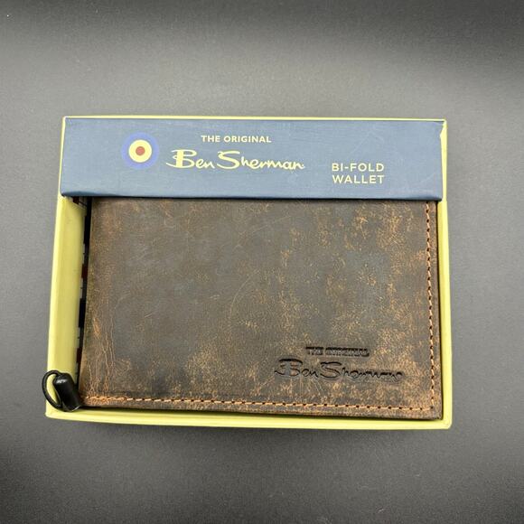 Ben Sherman MWA98FLBENBW00 mens distressed brown genuine leather bifold wallet - Picture 12 of 17